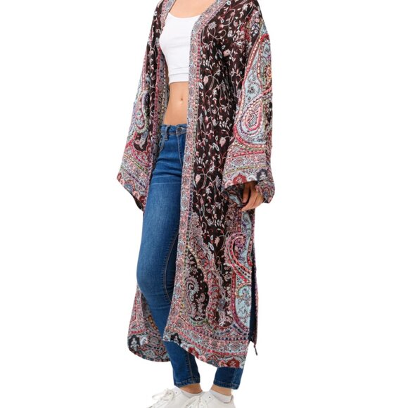 Embroidered Boho Duster – Saskia Floral & Paisley Long Kimono Cardigan One Size - Picture 1 of 6